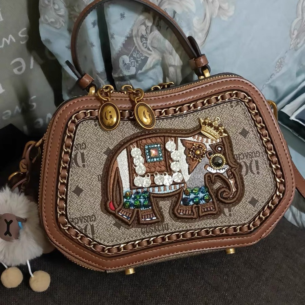 Elegant Embroidered Elephant Satchel - Brown and Gold
